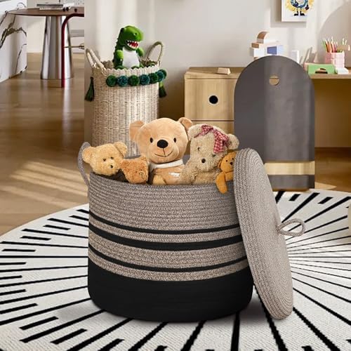 Extra Large Woven Basket with Lid, 18" X 14" Wicker Blanket Storage Basket Living Room, Tall Rope Storage Baskets for Toys, Decorative Kids Toy Bin Box with Cover, Baby Laundry Basket Hamper - Image 3