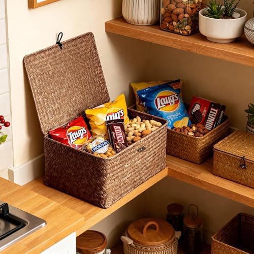 Nonam Large Wicker Basket with Lid,Seagrass Shelf Storage Basket,Coffee - Image 5