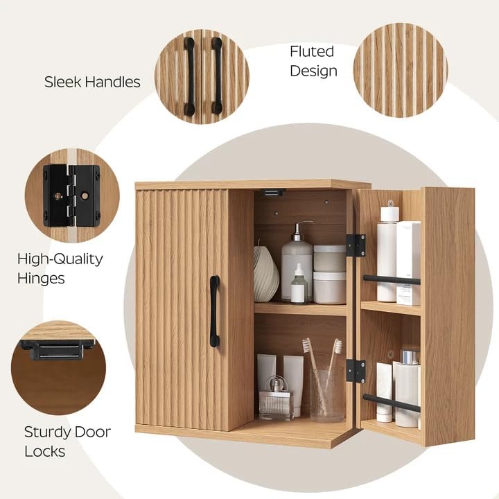 YATINEY Bathroom Wall Cabinet, Medicine Cabinet Wall Mounted, Over The Toilet Storage Cabinet, Fluted Cabinet with 2 Doors, for Bathroom, Kitchen, Laundry Room, Natural - Image 5