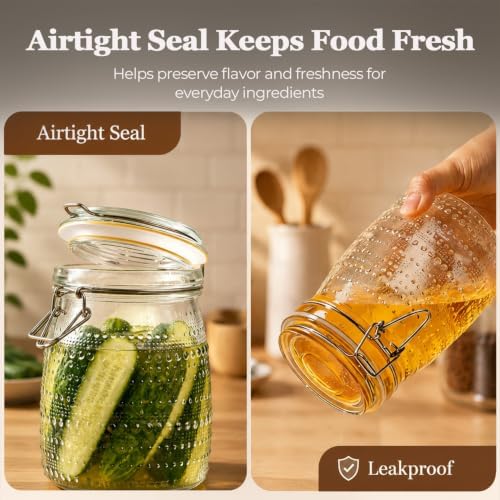 ComSaf Glass Pantry Jars with Airtight Lids 34 oz 6 Pack Wide Mouth Hobnail - Image 5