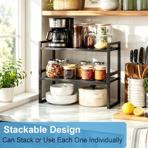 2 Pack Expandable Kitchen Cabinet Shelves Organizer, Stackable Adjustable Cabinet Storage Rack For Kitchen Cabinet, Heavy Duty Metal Shelving Units And Storage For Bowl, Spice, Small Appliance, Black - Image 2