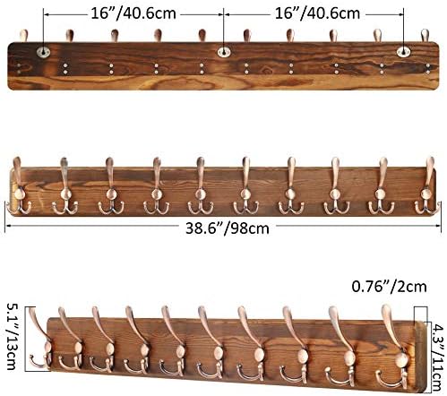 SKOLOO Coat Rack Wall Mounted - 38.3'' Long, Pack of 2, Wooden, Heavy Duty, Rustic Coat Hooks for Wall, Wall Coat Rack with 10 Triple Hooks for Hanging Clothes, Jacket, Hat(Brown & Retro Red) - Image 5