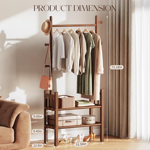 Solid Wood Clothing Rack with Shelves - Coat Rack Freestanding with 6 Hooks Load 450 Lbs, 3-in-1 Hall Tree for Hanging Clothes, Tall Garment Racks with Storage for Bedroom, Entryway, Living Room - Image 2