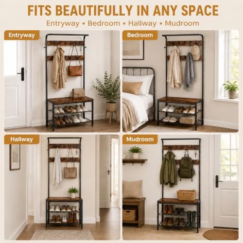 Simple Deluxe 4-in-1 Hall Tree with Bench and Shoe Storage, Entryway Coat Rack with 10 Hooks, Freestanding Mudroom Organizer with 2-Tier Shoe Rack for Entryway Bedroom Foyer, Brown - Image 7