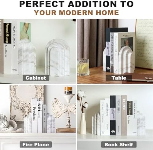 Natural Marble Book Ends - Heavy Duty Bookends for Shelves - Aesthetic Layered Arch Design Stone Book Holders, Modern Office Bookshelf Stopper Decor for Books/CDs (Volakas) - Image 6