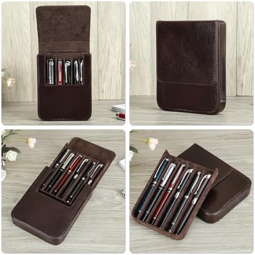 Top Grain Genuine Leather 6 Pencil/Pen Tray Case Organizer, Fashion Design No Logo, Handmade, Magnetic Closure with Drawer Design, Gift Choice for Man/Woman/Office, Glossy Coffee, 6 Slots - Image 2