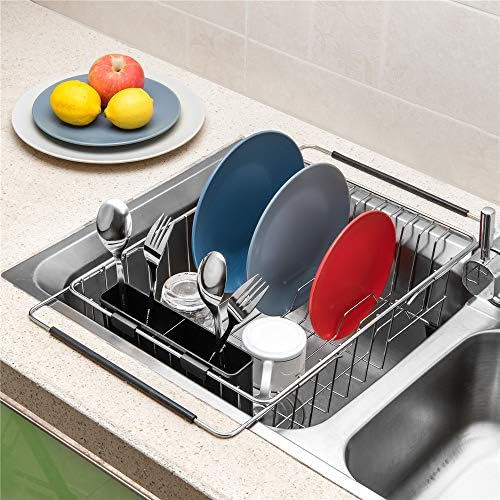 SANNO Dish Drying Rack, Large Dish Rack Adjustable Deep Dish Drainer with Removable Silverware Holder, Deep Large Dish Rack in Sink On Counter, Expandable Arms, Stainless Steel - Image 3