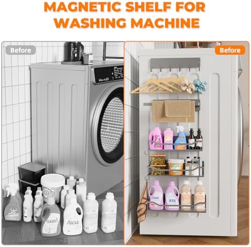 5 Pack Multifunctional Magnetic Shelves for Refrigerator Spice Rack & Washing Machine Organize, Include Paper Towel Holder, Kitchen Utensil Hanger and Hooks, Strong Magnet for Secure Hold (Gray) - Image 5