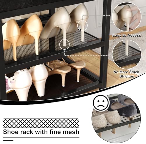 DreamDashio Set of 2 Small Shoe Storage Benches with PU Leather Cushion, 3-Tier Shoe Rack Organizer for Entryway, Metal Mesh Shelves, Holds Up to 300 lbs, Black (31.5"x11.4"x17.5") - Image 6