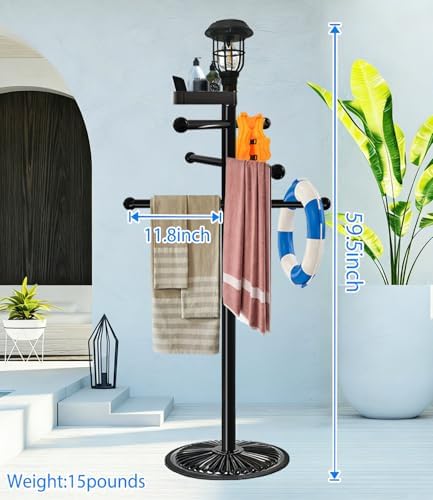 Pool Outdoor Towel Rack with Solar Light, 6 Bars with Top Tray Metal Heavy Duty Pool Accessories with Heavy Metal Base, Hot Tub Accessories for Pool and spa - Image 5