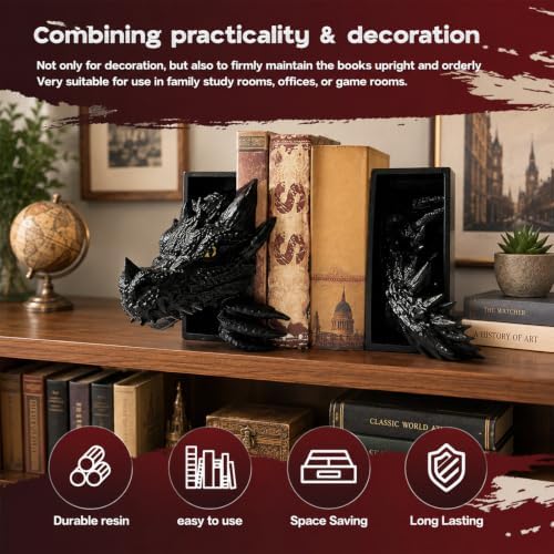 Dragon Bookends Ornaments, Gothic Fantasy Bookends, Book Lovers Unique Resin Shelf Holder Set, Functional Resin Animal Statue Sculpture Book Holder for Home Office Bookshelf（Gold） - Image 4