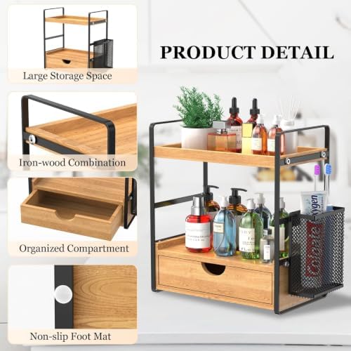 LEMIKKLE Bathroom Counter Organizer with Drawer and Basket,Wood Countertop Organizer for Bathroom Decor Makeup Tray for Perfume Skincare Bedroom Kitchen Corner - Image 4