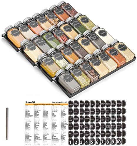 SpaceAid Spice Drawer Organizer with 28 Spice Jars, 386 Spice Labels, 4 Tier Seasoning Rack Tray Insert for Kitchen Drawers, 13" Wide x 17.5" Deep by SpaceAid