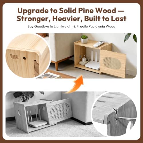 Natural Wood Router Box Hider with Rattan Doors, Tabletop Cable Management Cabinet to Hide Modem & Cords, Fits up to 11" H, 16"x10.4"x12" - Image 6