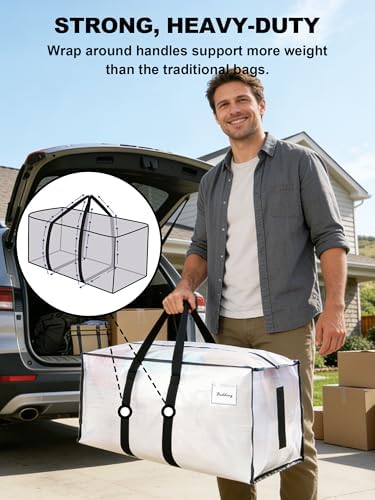 HOMESURE Supports 200lbs Heavy Duty Moving Bags - Strong Zipper & Wrap-Around Handles - Water-Resistant Storage Totes, Durable Alternative to Moving Boxes - 8 Pack - Semi-Transparent - Image 2