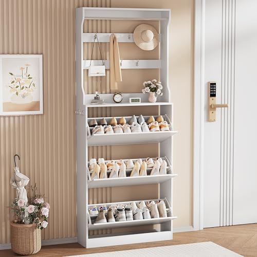 White Hidden Shoe Cabinet with 3 Flip Drawers & Coat Rack, Entryway by Boonatu
