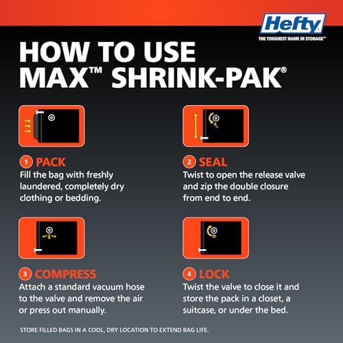 Hefty MAX Shrink-Pak Vacuum Seal Storage Bags for Clothing, Travel, Bedding | Tear & Water Resistant, Dual-Valve Space Saver Compression Bags - Large, 4-Pack - Image 6