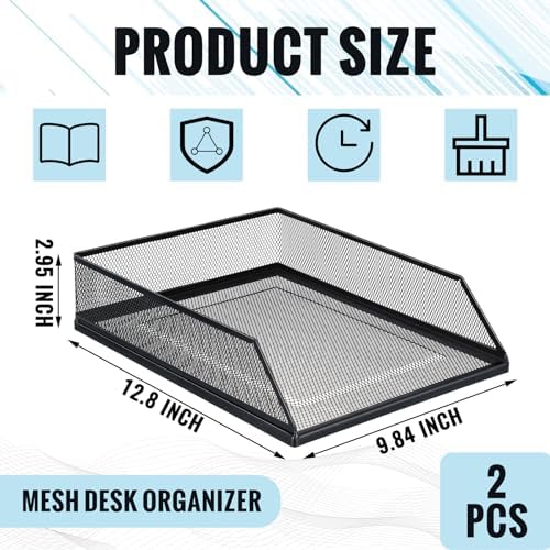 Hicarer 2 Pcs Black Metal Letter Tray Stackable Desk Tray Single Wire Mesh Organizer Front Load File Paper Holder for Desktop Office Home School Classroom (12.8 x 9.84 Inch) - Image 3