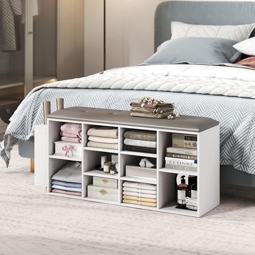 Tangkula Shoe Storage Bench with Umbrella Stand, 10-Cube Entryway Bench with Adjustable Shelf & Padded Cushion, Cubby Shoe Rack Organizer for Bedroom & Checkroom, Rustic Brown & Black (White) - Image 4