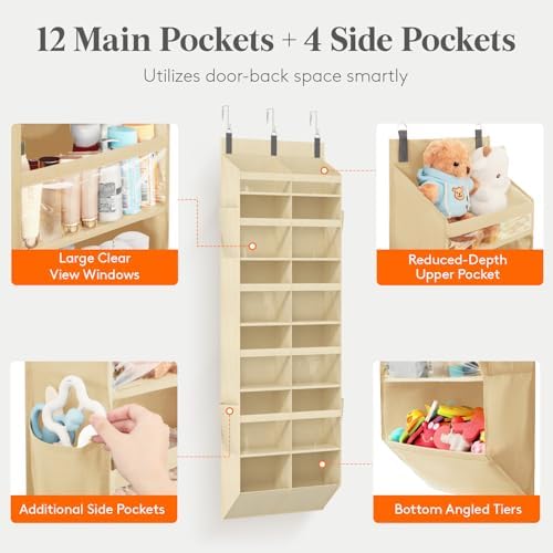 Lifewit 1 Pack Over the Door Organizer, 12 Section Hanging Storage, Beige - Image 3