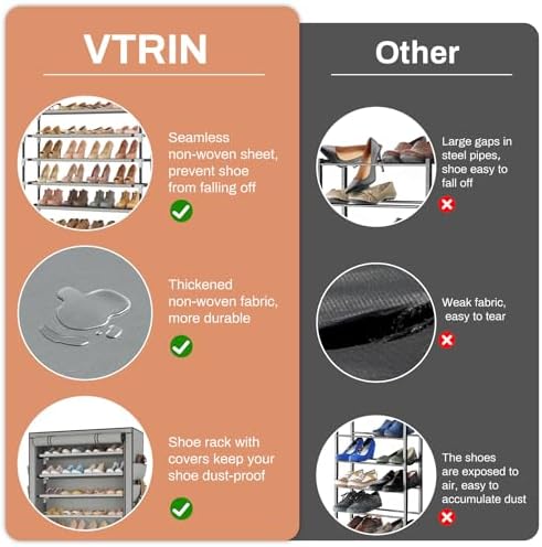 VTRIN Tall Shoe Rack with Cover, 10 Tier Shoe Organizer Storage for 50-55 Pairs Shoes and Boots Large Capacity Shoe Shelf with 8 Pockets Free Standing Shoe Rack for Closet, Entryway, Garage, Grey - Image 7
