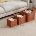 Vagusicc Wicker Storage Basket, Set of 2 Hand-Woven Paper Rope Wicker Basket, Foldable Cube Storage Bins, Square Large Storage Baskets for Organizing Shelves & Decor, Orange (13″×13″×13″) - Image 4