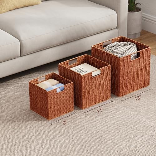Vagusicc Wicker Storage Basket, Set of 2 Hand-Woven Paper Rope Wicker Basket, Foldable Cube Storage Bins, 9 inch Square Storage Baskets for Organizing Shelves & Decor, Orange (9″×9″×9″) - Image 4