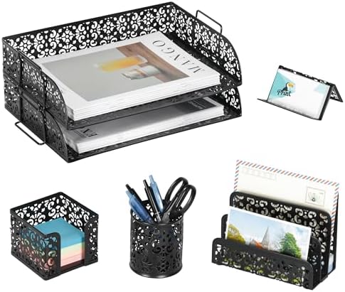 EasyPAG Desk Organizers and Accessories 5 Pieces Office Supplies Set - 2 Tier Paper Tray, Pencil Organizer for Desk, Mail Sorter Countertop, Business Card Holder and Sticky Note Holder, Black by EasyPAG