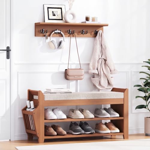 PETKABOO 31.5" Shoe Bench with Coat Rack Hidden Drawer and Side Holder, 2 Tier Entryway Bench with Storage, Bamboo Shoe Rack with Cushion for Entryway Hallway Living Room Bedroom by PETKABOO