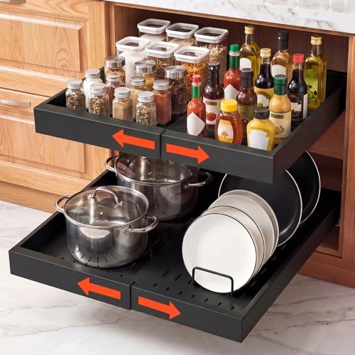 VEVOR Pull Out Cabinet Organizer, 2 Pack Expandable Width (12.2"-18.9"), 20.47" Deep Pull Out Drawers for Cabinets, Sliding Drawer for Kitchen Pantry Cabinet Organizer with Nano Adhesive Strips, Black by VEVOR