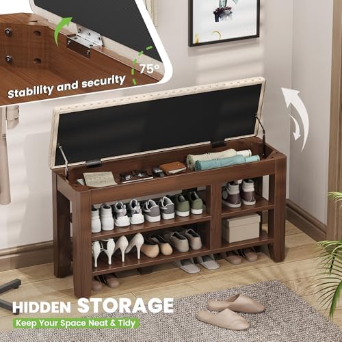 Shoe Bench for Entryway, Solid Rubberwood Shoe Bench with Hidden Storage, Adjustable 2-Tier Shelves & Soft PU Leather Seat, Shoe Rack Durable Easy Assembly for Hallway or Bedroom - Beige, 39.4" - Image 5
