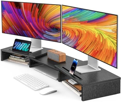 AMERIERGO Dual Monitor Stand Riser for 2 Monitors, Monitor Stand for Desk, Adjustable Computer Monitor Stand with 2 Slot, Multifunctional Desktop Organizer Stand for Laptop, PC, Computer, Printer by AMERIERGO