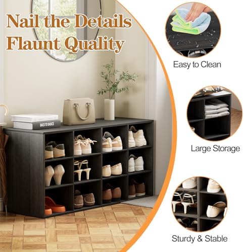 Aenuert 12-Cubby Shoe Rack, 3-Tier Wood Shoe Organizer, Multifunctional Shoe Organizer Bench for Entryway, Mudroom, Hallway, Closet,36.22 * 11.81 * 17.72 Inch,Black - Image 4