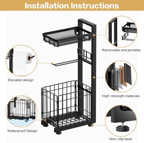 Toilet Paper Holder Stand with Storage Shelf (Black) - Image 4