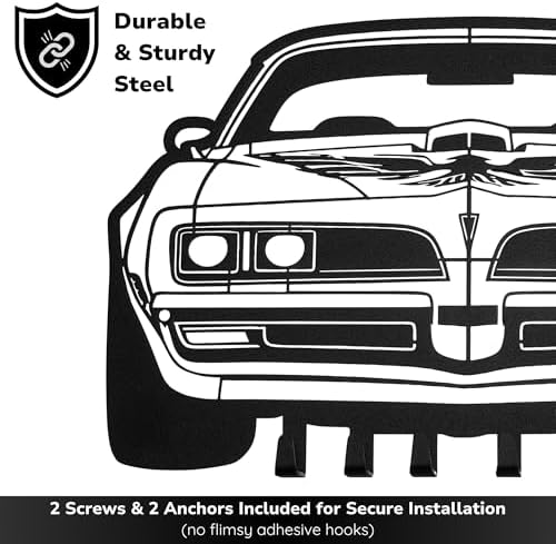 MOOH Metal Automotive Key Holder with 6 Hooks - Unique Wall Mounted Car Lovers Gifts for Men & Women - Cool Man Cave Decor (Pontiac Firebird 1977, Black) - Image 3