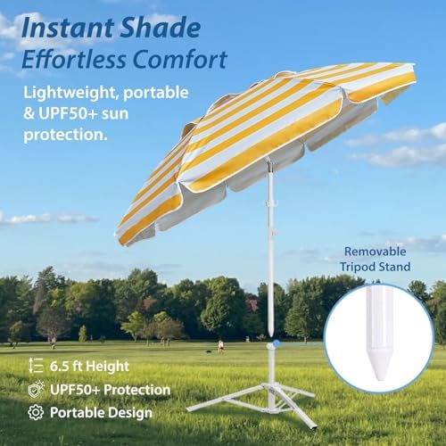 AMMSUN Shade Umbrella, Premium Portable Umbrella with Stand, 6.5ft Lightweight Free Standing Canopy for Sporting Games, Adjustable Instant Sun Protection and Easy to Carry, Stripe Yellow - Image 3