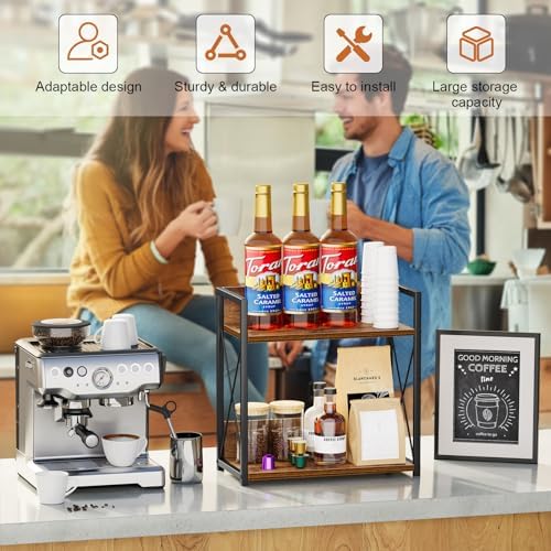 Giikin Kitchen Counter Shelf, Kitchen Countertop Organizer, 2 Tier Spice Rack for Counter, Wood Coffee Bar Organizer for Coffee Station (Brown, L) - Image 6