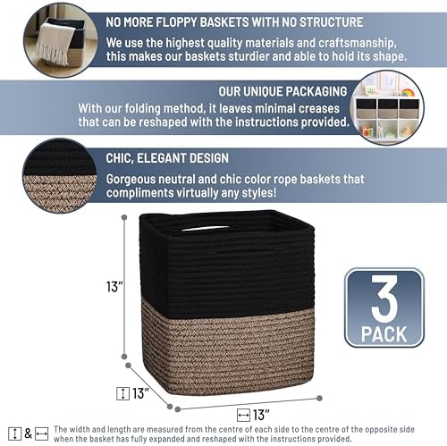 NaturalCozy 13 Inch Cube Storage Bins Cotton Rope Woven Baskets for Organizing 3-Pack | 13 x 13 Storage Cubes | Fabric Square Storage Baskets for Shelves Organizer, Kids Toy Bins, Closet Baby Nursery - Image 2