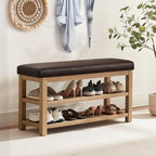 Zihanhome Shoe Rack Bench with Leather Cushion, 2 Tier Solid Wood Storage Bench, Mid-Century Modern Shoe Bench for Entryway, Hallway, Closet, Front Door Entrance, Foyer (Dark Brown, 39.4") - Image 3