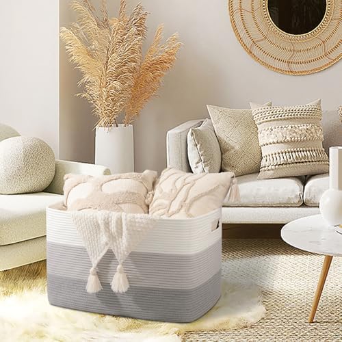 OIAHOMY 118L Extra Large Blanket Basket Cotton Rope Storage Basket Grey - Image 6