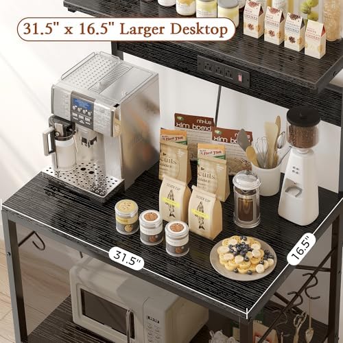 SUPERJARE Bakers Rack with Power Outlets, Microwave Stand, 31.5 X 16.5 Inch Larger Desktop, Kitchen Storage Rack with Adjustable Middle Shelf, 6 S-Shaped Hooks, Coffee Bar Stand, Black - Image 5