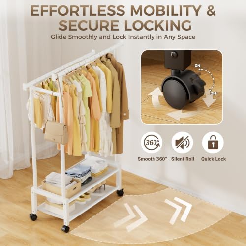 Double Rod Clothing Rack with 2 Shelves, Rolling, White - Image 6