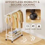 Double Rod Clothing Rack with 2 Shelves, Rolling, White - Image 6