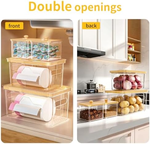 FELIZHOUSE 4 Pack Trash Bag Holder with Bamboo Lid, Stackable Garbage Bag Dispenser Under Sink, Storage Organizer for Kitchen, Laundry, Pantry (S+S+M+L) - Image 4