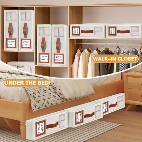 GhvyenntteS 8 Pack Bed Sheet Organizers and Storage (Queen & King Size), Foldable Sheet Organizers and Storage with Window and Label, Bed Sheet Organizer with Leather Handle, Beige - Image 2