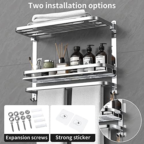 CAXIMSY Towel Rack with Shelf, 22.63" Bathroom Shelf with Double Towel Bars Stainless Steel, Wall Mounted, Foldable Top, 2 Hooks, Adhesive/Screw Install, Space-Saving for Small Bathrooms & Apartments - Image 4
