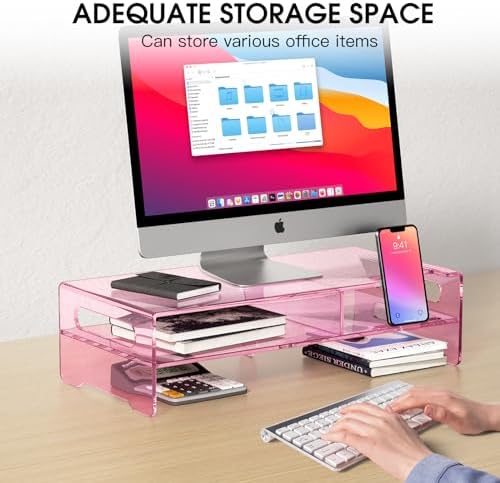 Pink Acrylic Monitor Riser, 2-Tier Desk Computer Stand With Storage & Phone Holder - Image 3