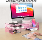 Pink Acrylic Monitor Riser, 2-Tier Desk Computer Stand With Storage & Phone Holder - Image 3