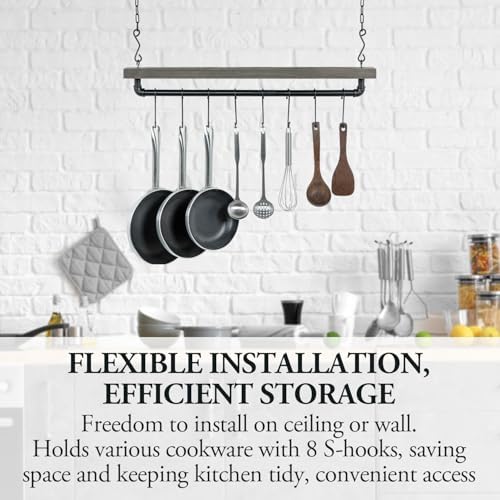 MyGift Wall Ceiling Pot Rack with Shelf, Black Pipe Cookware Organizer - Image 3