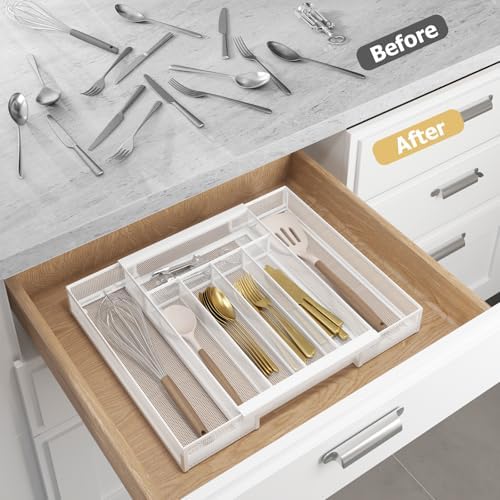 Sedegn Expandable Kitchen Utensil Organizer - 9.6" to 16.1" Adjustable Cutlery Tray with 5-7 Compartments - Fits Various Drawer Sizes & Holds Large Ladles Spatulas Forks Spoons & Knives White - Image 4